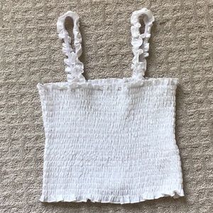 Shirred frilly white tank top